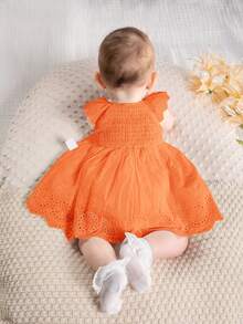 SHEIN Newborn Baby Girl Floral Trim Round Neck Ruffle Waist Dress - Orange - View 2
