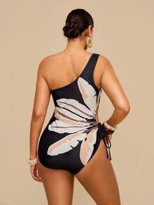 Travachic 大码女士印花连体泳衣，时尚海滩度假之选 - 黑色 - 查看 2