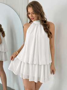 Auralis 优雅浅黄色露背系带宽松喇叭荷叶边下摆大码女式迷你连衣裙，适合音乐会、演出、约会、舞会、情人节、派对、性感优雅浪漫风、OL风、美人鱼风、生日派对、日常休闲、海滩度假等场合。 - 白色 - 查看 5