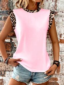 Selamara Áo thun nữ cổ tròn tay ngắn dáng rộng in họa tiết da báo màu hồng, kiểu dáng thời trang mới. - Nhiều màu - Xem 5