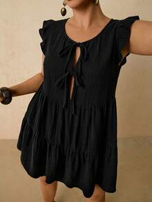 Travachic Plus Size Women Solid Color Front Tie Cap Sleeve Cute Dress - Black - View 6