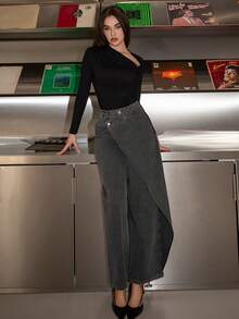 Bris Aura 秋季女式不对称领长袖修身衬衫，简约优雅时尚都市通勤商务休闲装，适合教师、办公室、学校、外出、基本款上衣 - 黑色 - 查看 6