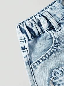 Young Girl Y2K Fashion Light Blue Heavily Washed Embroidered Cute Flower Girls Denim Shorts, Suitable For Daily Wear - Light Wash - View 4