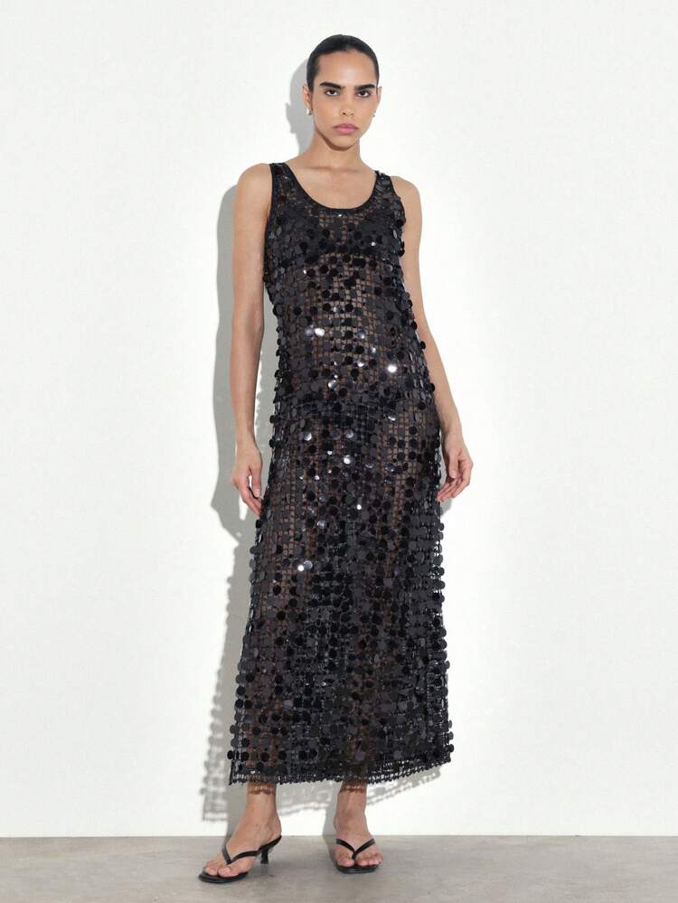 KSTM Women's Black Sequined Sleeveless Evening Maxi Dress With Scoop Neckline And Shimmering Embellishments For Formal Occasions Party Events