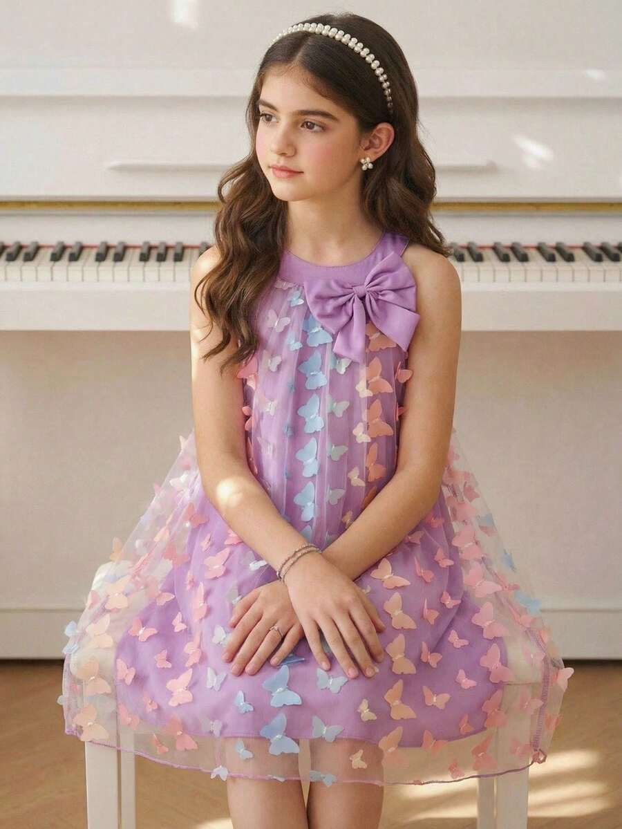 Glamorique Kids Toddler Girls' Elegant Cute Butterfly Mesh Halter Neck Sleeveless A-Line Casual Dress, Suitable For Holiday Party, Birthday Gift, Vacation, Spring/Summer Lavender Dress For Kids Flower Girl Dress Girls Elegant Floral Dress Butterfly Princess Dress For Girls Purple