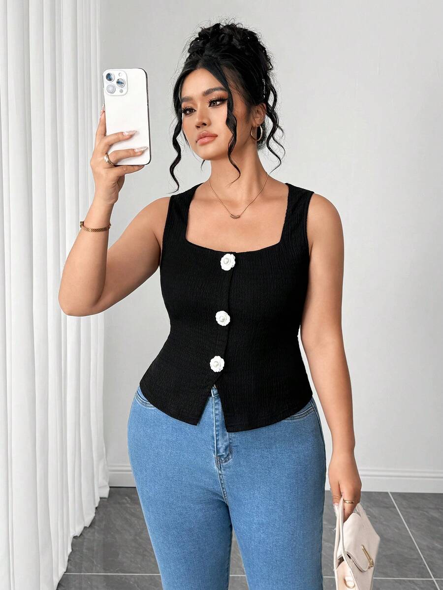 Elenzga Women's Summer Black Textured Square Neck Sleeveless Fitted Vest, Camellia Button Waist Design, Stylish Vest For Everyday Wear, Shopping, Or As An Inner Layer Or Outer Layer. - Black - View 1