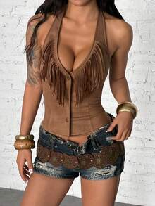 StreetHx 夏季街头风女式无袖流苏装饰背心 - 棕色 - 查看 5