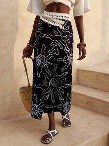 Lyxana Contrast Color Vacation Floral Print Waist Splice Tassel A-Line Skirt For Women - Black and White - View 8