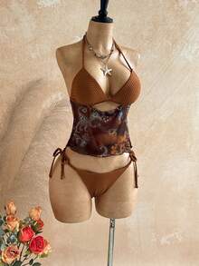 Soleia 女士夏季沙滩拼接腰果花卉印花露背系带时尚吊带泳衣套装 - 彩色 - 查看 6