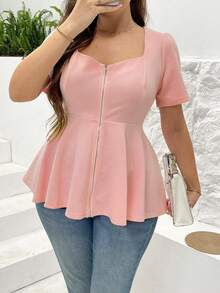 Elenzga Scoop Neck Short Sleeve Zip Up Ruffle Hem Casual Elegant Plus Size Women Blouse - Pink - View 3