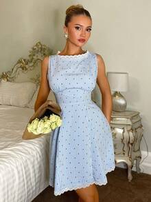 Glamine Charm Women's Striped Lace All-Over Print Ruched Fashion Date Party Mini Dress - Blue - View 3