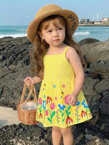 SHEIN Playful Pals 女婴彩色花卉瓢虫印花针织撞色条纹吊带连衣裙，夏季 - 彩色 - 查看 6