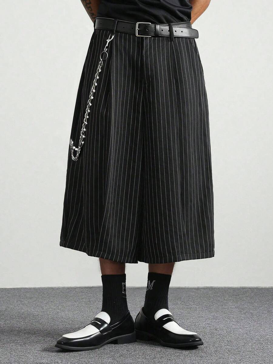 PAVTROS Men's Woven Casual Striped Loose Fit 7/8 Pants Japanese Pants Men Skirt Harajuku Pants Pinstripe Pants Men Baggy Wide Pants - Black - View 1