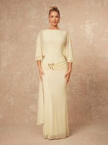 Lumalex 女士优雅性感黄色圆领金属扣装饰荷叶边蝙蝠袖修身连衣裙，春夏款 - 黃色 - 查看 3