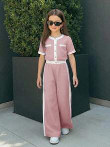 SHEIN Serisse Kids 两件套少女休闲正式优雅返校套装，撞色珍珠纽扣衬衫搭配直筒裤，返校季少女装 - 淺粉色 - 查看 3