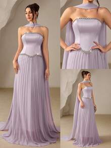 Coutiva 女士无肩带水钻装饰缎带设计时尚宴会礼服 - 紫色 - 查看 1