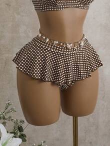 Swim Mod 夏季女士两件式格子印花带钢圈吊带泳衣，米色 - 咖啡棕 - 查看 5