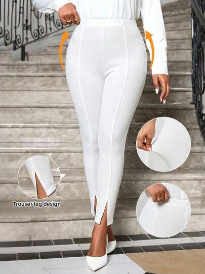 SHEIN Lady Damen Große Größen Einfarbige Hose mit elastischem Bund und Schlitz am Saum