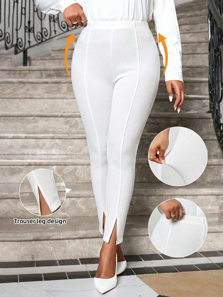 SHEIN Lady 大码女式纯色弹力腰开衩修身裤 - 白色 - 查看 1