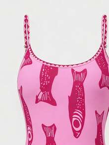 Swim Mod Summer New Arrival Cross-Border European And American Sexy High-Cut One-Piece Swimsuit, Red Auspicious Fish Print Color Blocking, Spaghetti Straps, Scalloped Hem, Padded Bust, Slim Fit Swimwear For Beach, Party, Birthday - Pink - View 7