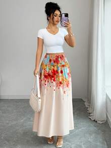 Elenzga Women's Elegant Vacation Style Printed High Waist A-Line Skirt - Multicolor - View 3