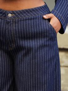 NYA SZN Petra 牛仔裤 高腰细条纹直筒修身款 街头风 日常休闲 节日 冬季假日 圣诞节 新年夜 优雅奢华 - 深色水洗藍 - 查看 5