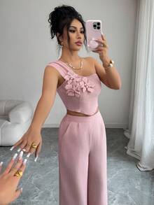 Elenzga 女士粉色竹编结单肩吊带花卉装饰设计露脐上衣，优雅职业装，活力四射的嘉年华、劳动节、复活节、返校派对、春季上衣搭配夏季裤装，春夏新款时尚必备小众设计百搭女士优雅两件套 - 粉色 - 查看 6