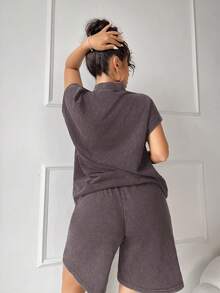 SHEIN SXY Ensemble 2 pièces t-shirt col montant et short décontracté d'été grande taille - Tabac - Voir 2