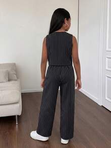 Firerie Kids Firerie Kids Nova Glow 少女休闲街头时尚通勤上学风条纹阔腿直筒裤，深灰色 - 黑與白 - 查看 2