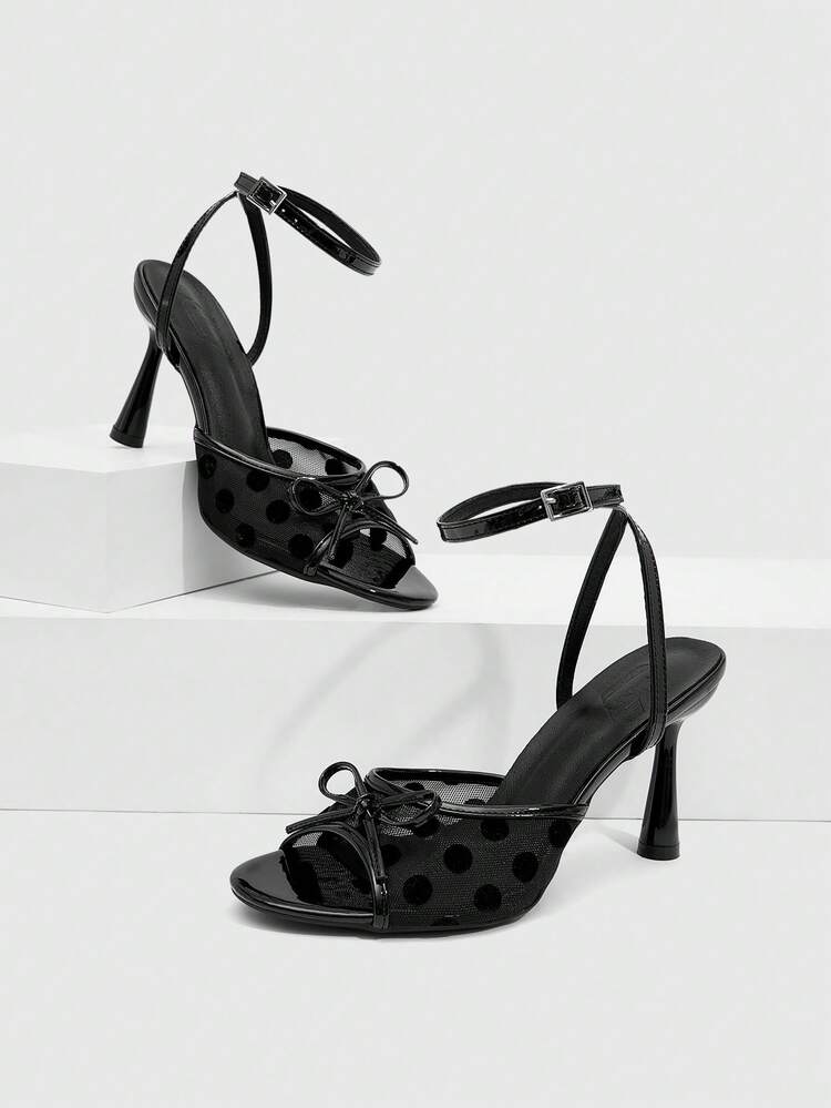 CUCCOO SZL Women's Mesh Bow Tie Decor High Heel Sandals, Fashionable Versatile Sexy Stilettos For Summer Spring Shoes Prom Heels