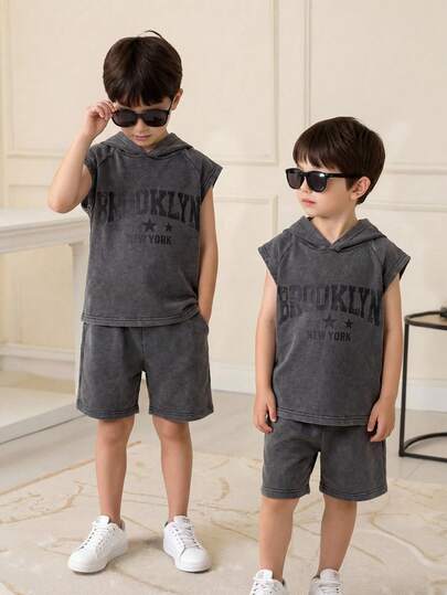 儿童针织连帽衫字母印花宽松T恤短裤套装（2件），休闲风格，适合通勤、上学、日常穿着、运动、夏季