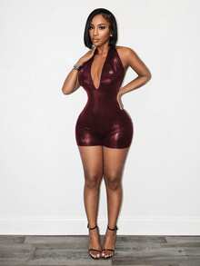 SHEIN BamGlam Women's Coated Textured Jumpsuit,Burgundy Summer Club Night Rave Bodysuit,See Through Romper,Party Vacation Outfits,Y2k Summer Clothes For Women - Red - View 4