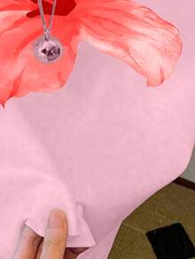 Girls/Teens Pink Short T-Shirt With Red Floral Graphic Print, Suitable For Outings, Spring, Summer, Fall, Daily All-Match Versatile Fitted Crop Top For Girls/Women, Comfortable For Home And Vacation - Pink - View 4