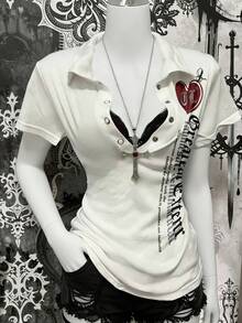 Lalippa Áo cardigan nữ tay ngắn cài nửa cúc, phong cách thường ngày, thời trang đường phố, in khẩu hiệu. - trắng - Xem 4