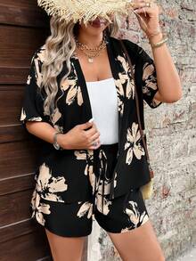 Breezaya Bộ áo sơ mi và quần short in hoa cỡ lớn, trang phục thường ngày cho kỳ nghỉ. - màu đen - Xem 6