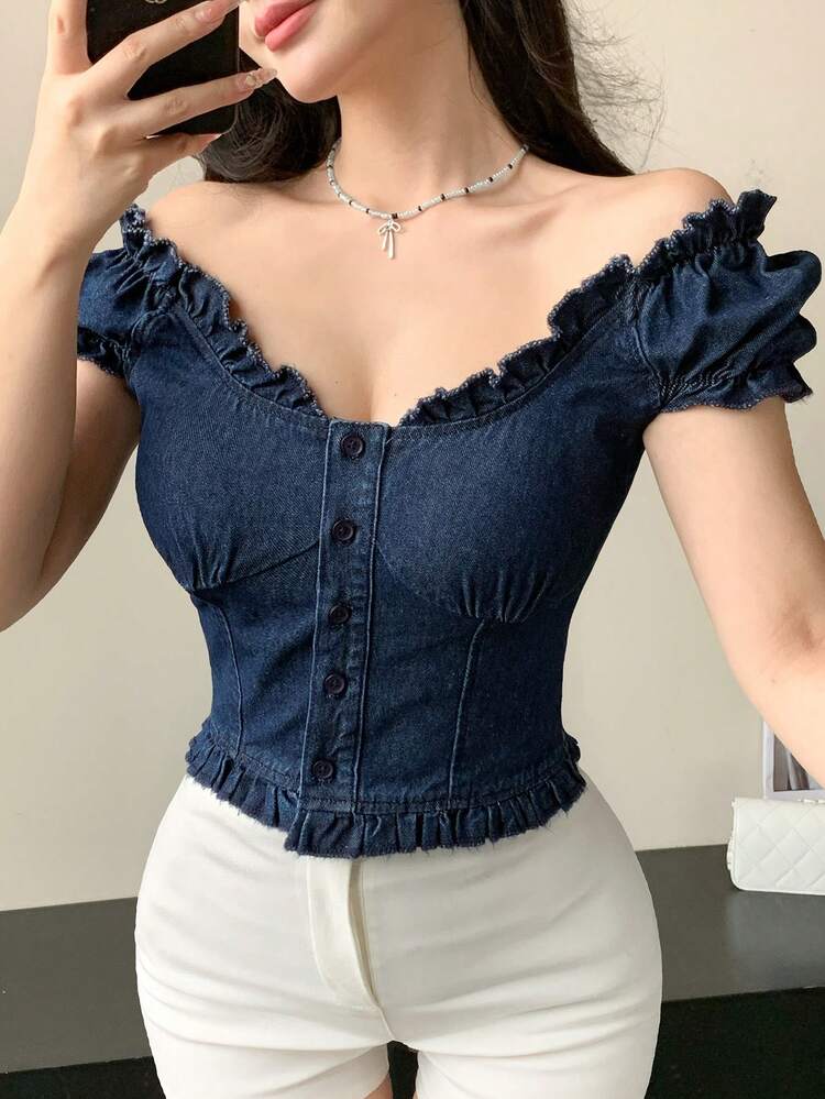 Spring & Summer Denim Blue Puff Sleeve Ruffle Splice Off-Shoulder Pullover Blouse, Design Details, Casual Vacation, Valentine's Day, Wedding, Elegant Office Wear, Short Sleeve Women's Denim Top