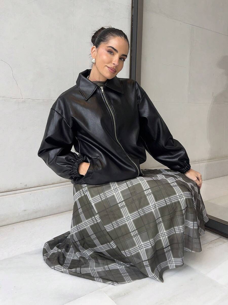 Marta Soriano Drop Shoulder Slant Pockets PU Jacket,Fall Women Clothes - Black - View 1