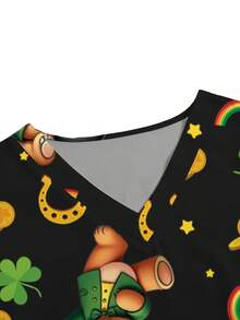 PopScrub Áo đồng phục y tá, bác sĩ, bác sĩ màu đen cổ chữ V, tay ngắn, hai túi, in hình gấu xanh dễ thương và cỏ bốn lá, áo khoác phòng thí nghiệm dinh dưỡng, áo sơ mi công sở mùa hè nhiều túi tiện dụng dành cho nữ. - màu đen - Xem 3