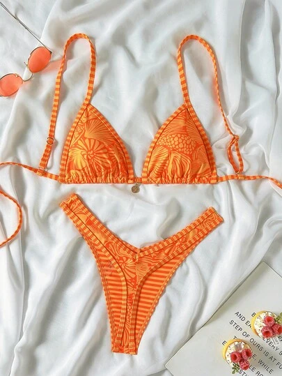 Swim Mod 2-Piece Set, Random Floral Print Gold Disc Decor Halter Triangle Bikini Top And High Cut Thong Bottoms, Sexy Swimwear For Women, Spring/Summer