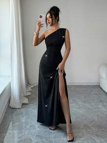 Rafferiza Women's Elegant Glittery Party/Date Oblique Shoulder Sleeveless High Slit Maxi Ruched Dress - Black - View 8