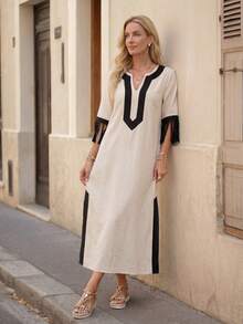 EMERY ROSE 女士度假休闲撞色流苏装饰中长连衣裙 - 彩色 - 查看 1