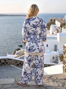Faunlyn Conjunto de 2 piezas de camisa y pantalones casuales de vacaciones con estampado de plantas y decoración con flecos para mujer - Multicolor - Ver 2