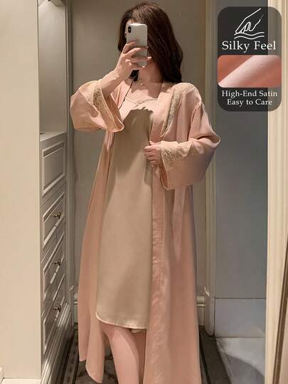 DAZY 优雅蕾丝拼接缎面睡袍及吊带裙睡衣套装（女士款）
