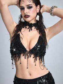 ROMWE Avant Fashionable Sexy 3D Floral Pearl Chain Decor Sequin Backless Halter Triangle Bikini Top - Black - View 6