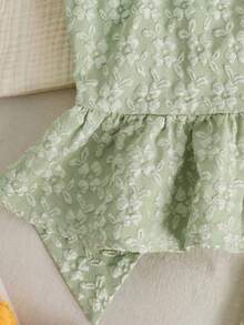 SHEIN 2pcs Tween Girls' Casual Patchwork Ruffle Hem Shirt And Pants Set Woven Texture Stylish Green Floral Girls Outfit Teen Jumpsuit Summer Sets - Mint Green - View 4