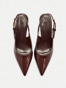 NobleVue Tacones altos con puntera puntiaguda, elegantes, de cuero patentado con correa trasera, para mujer, Otoño/Invierno 2025 - Marrón Chocolate - Ver 5