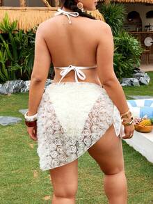 SHEIN Swim Plus Size European And American 3-Piece Swimwear Set: Rose Halter Bikini Top + Tie-Up Sarong Skirt - Apricot - View 2