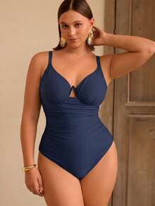 Swim Chiccia Plus Size Women Solid Color Special Fabric Padded One-Piece Swimsuit - Navy Blue - View 1