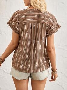 Breezaya Vacation & Work Commute Bohemian Striped & Geometric Print Shirt, Spring/Summer - Brown - View 2