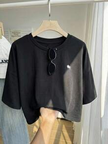 Comfortcana Lässiges kurzes Rundhals T-Shirt mit kurzen Ärmeln, geeignet für den Sommer - Schwarz - Übersicht 3
